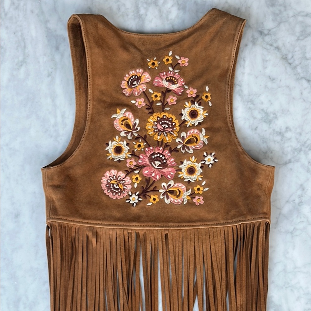 Spell & the Gypsy Free People S/M Brown Suede Fringe Vest with Floral Embroidery